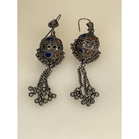 Fabulous Older Vintage Silver & Enamel Morrocan Berber Earrings - Picture 11 of 12